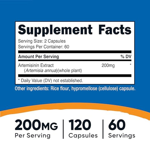 Artemisinin 200mg – 120 Cápsulas Vegetarianas | Sem GMO, Sem Glúten | 60 Porções - Nutricost