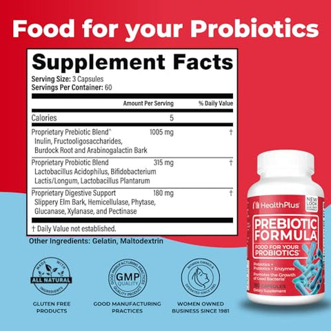 Fórmula Prebiótica Health Plus – Probióticos Enzimas Digestivas – Livre de Glúten, Lactose e Ingredientes Naturais à Base de Ervas (180 Cápsulas, 60 Porções)