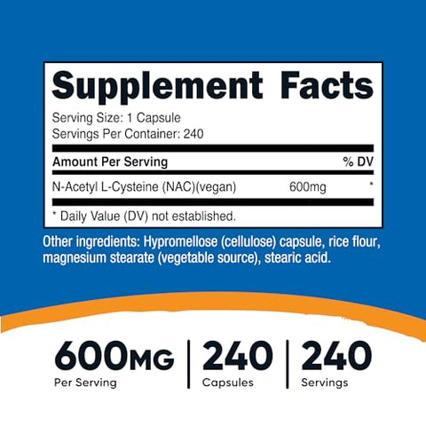 N-Acetyl L-Cysteine (NAC) 600mg – 240 Cápsulas Vegetarianas – Vegano, Não-OGM, Livre de Glúten - Nutricost