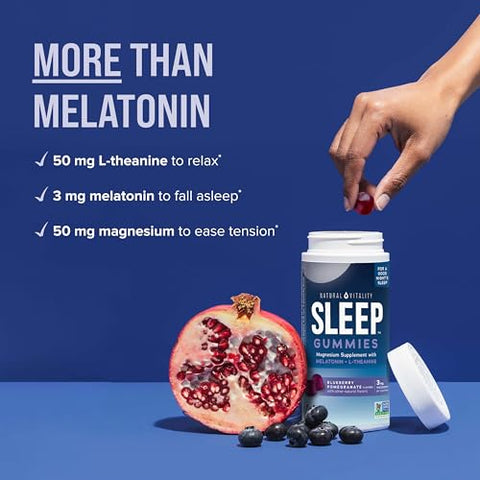 SLEEP Gummies – Suplemento de Magnésio com Melatonina e L-Teanina, Vegano, Sem Glúten, Auxilia o Corpo a Relaxar para Dormir, Sabor Mirtilo Romã, 120 Unidades - Natural Vitality