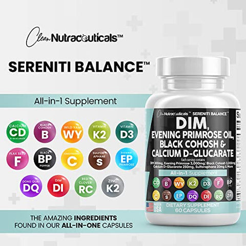 DIM 300mg Óleo de Prímula 3000mg Cohosh Preto 3000mg D-Glucarato de Cálcio 250mg Sulforafano Extrato de Semente de Linhaça – Vitaminas de Suporte Hormonal para Mulheres com - Clean Nutraceuticals
