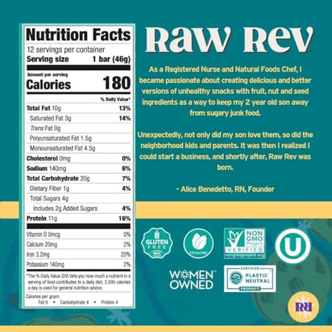 Raw Rev Glo - Barras Veganas de Alta Proteína Raw Rev, Massa de Biscoito com Gotas de Chocolate, 12g de Proteína Vegetal, 11g de Fibra, Keto, Não-OGM, 45g, Pacote com 12