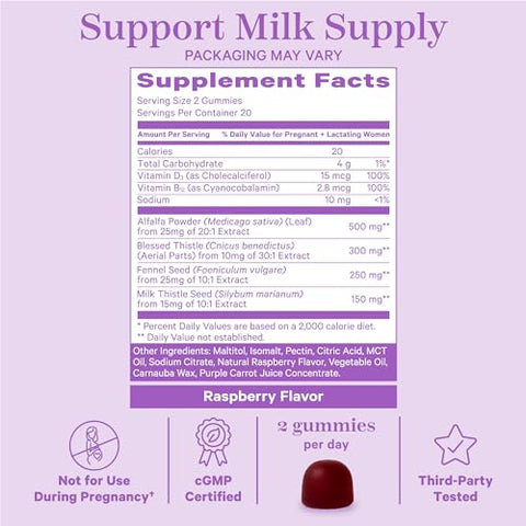 Gomas de Suplemento de Lactação – Suporte ao Suprimento de Leite Materno com Cardo de Leite, Alfafa, Vitamina D e B12, Recuperação Pós-Parto, Essenciais para Amamentação – Framboesa - Pink Stork