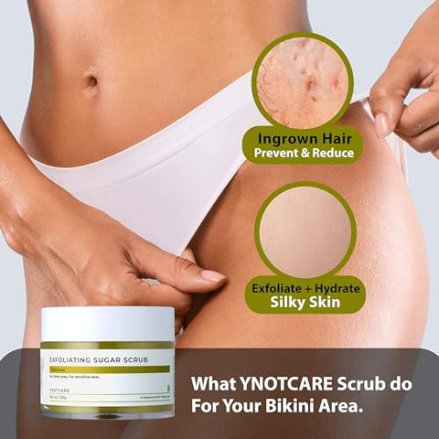 YNOTCARE - Esfoliante de Açúcar para Área Íntima do Biquíni, Pele Sensível, Previne Pelos Encravados e Irritações Após Depilação com Cera e Barbear do Biquíni, Tea Tree/250g