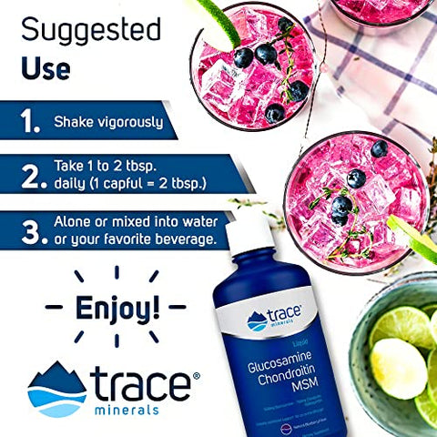 Glucosamina Condroitina MSM Líquida | Suplemento Completo para Estilo de Vida Ativo | Suporta Articulações, Cartilagem e Mobilidade | Sabor Natural de Mirtilo | 32g - Trace Minerals