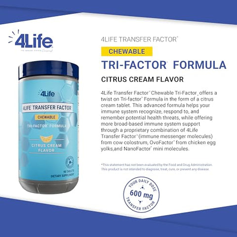 Transfer Factor Chewable Tri-Factor Formula – Suporte Imunológico com Extratos de Colostro Bovino e Gema de Ovo de Galinha – Sabor Creme de Citrus – 90 Comprimidos Mastigáveis - 4Life