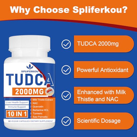 Spliferkou - Tudca Liver Support 2000mg – Suplemento para o Fígado com Sais Biliares, Cardo de Leite e Nac – 60 Cápsulas para 30 Dias – Suporte para o Fígado, Desintoxicação e Sistema Imunológico