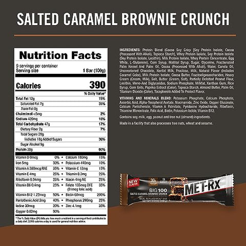 Big 100 Barra de Proteína, Substituto de Refeição, 30g Proteína, Sabor Brownie de Caramelo Salgado Crocante, 9 Unidades, 100g cada - MET-Rx