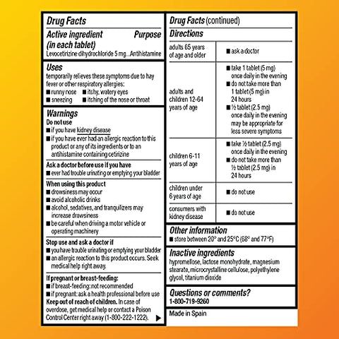 24 Hour Allergy Relief – Comprimidos de Levocetirizina Dicloridrato, 5 mg, Antialérgico, Alivia Espirros, Coriza, Coceira no Nariz ou Garganta e Olhos Lacrimejantes – Compre Agora! - Amazon Basic Care