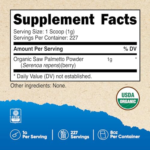Pó de Saw Palmetto Orgânico 227g – Certificado Orgânico USDA, Livre de Glúten - Nutricost