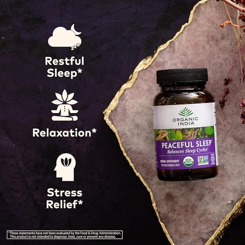 ORGANIC INDIA - Suplemento Herbal Organic India Peaceful Sleep – Suporte aos Ciclos de Sono, Vegano, Sem Glúten, Certificado Orgânico pelo USDA, Não-OGM, Energia Suportada