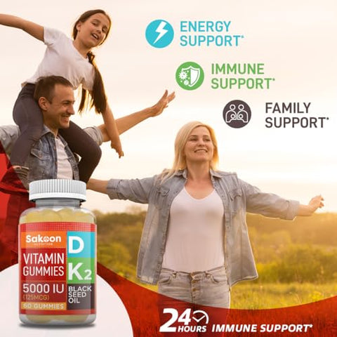 Sakoon nutrition - Sakoon Nutrition – Vitamina D3 K2 5000 UI com Óleo de Semente Negra para Suporte Ósseo, Dental, Muscular e Imunológico – 60 Gomas de Mascar