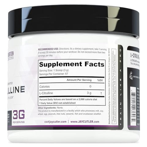 Jay Essentials – L-Citrulline em Pó 100% Puro, Sem Sabor, 3g por Porção, Suporte para Resistência e Bombas (67 Porções) - Cutler Nutrition