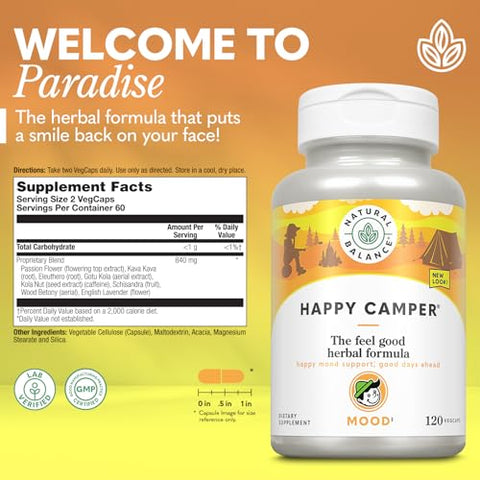 Happy Camper – Suplemento de Suporte ao Bom Humor – Cápsulas de Gotu Kola, Flor da Paixão e Kava Kava – Garantia de 60 Dias (120 Unidades) - Natural Balance
