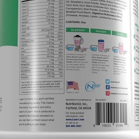 Nutrition53 Pó Substituto de Refeição para Perda de Peso, Queimador de Gordura, Controle de Apetite, Morango à Base de Plantas (28 Ounce) - LEAN1