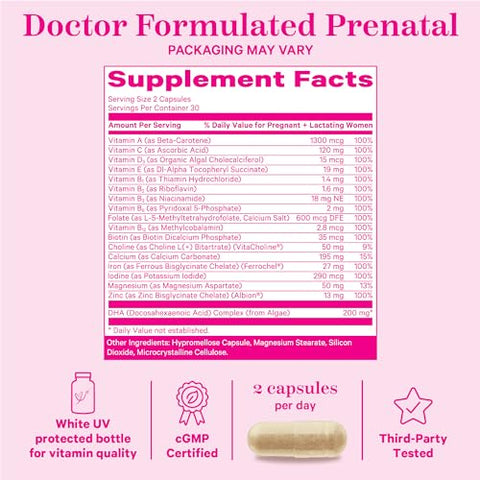Vitaminas Pré-Natais Pink Stork Total com DHA, Ácido Fólico, Ferro, Colina e Vitamina B12 – Suporte ao Desenvolvimento Fetal e Gravidez – 60 Cápsulas