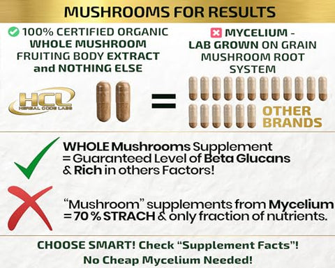 HCL HERBAL CODE LABS - Suplemento de Cogumelo Orgânico Extratos de Lion’s Mane Cordyceps Chaga Reishi Turkey Tail Maitake Shiitake Cápsulas – Vitaminas Naturais Minerais Antioxidantes – Fabricado no Brasil