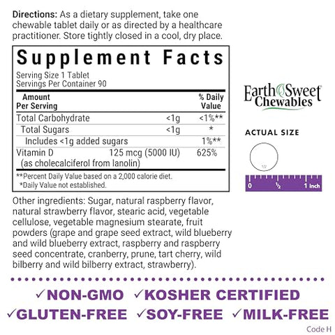 Nutrition Earth Sweet Vitamina D3 5000 UI Comprimidos Mastigáveis, Auxilia no Fortalecimento Muscular - Bluebonnet