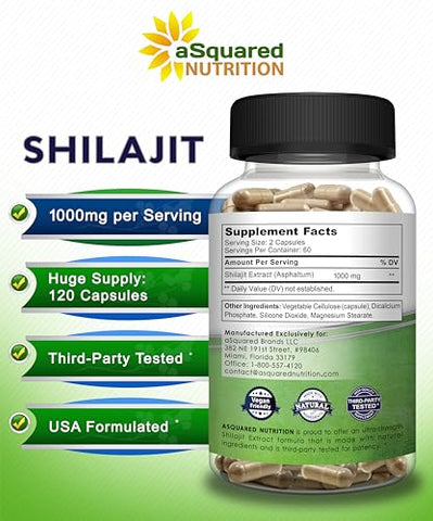 Shilajit 1000mg – 120 Cápsulas – Extrato Puro de Shilajit em Cápsulas e Pó – Humic Natural – 120 Cápsulas - aSquared Nutrition