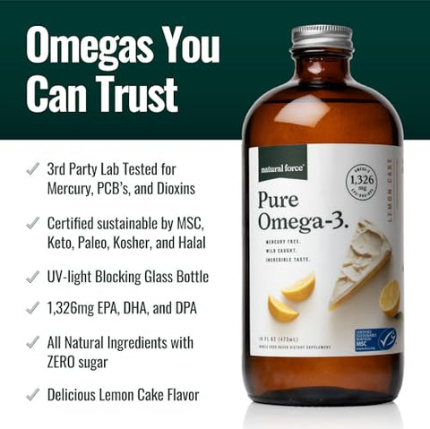 Óleo de Peixe Natural Force Pure Omega 3 – Sabor Delicioso de Bolo de Limão – Livre de Mercúrio, Capturado na Natureza, Testado em Laboratório – 1.326 mg de Triglicerídeo EPA, DHA – 125 ml