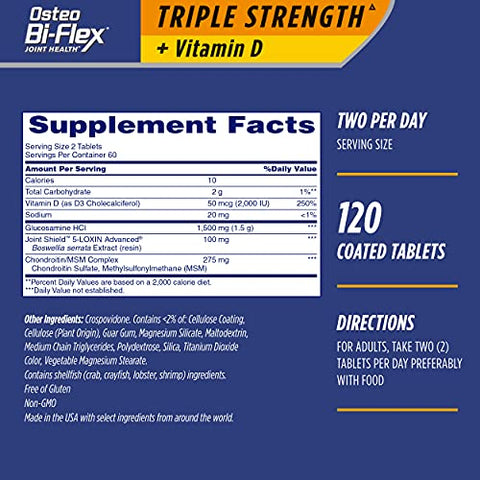 Triple Strength com Vitamina D Suplemento para a Saúde das Articulações, Comprimidos Revestidos, Vermelho, 120 Unidades - Osteo Bi-Flex