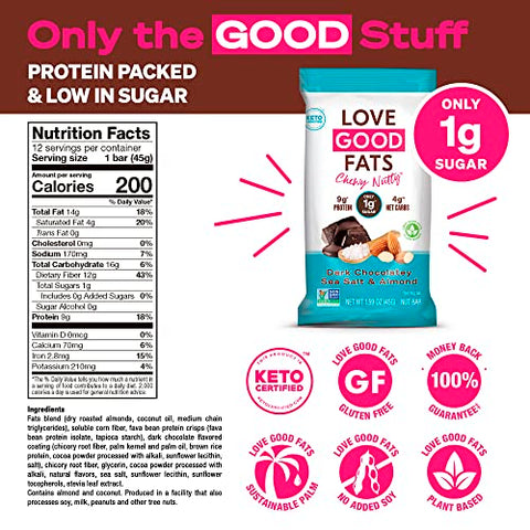 LOVE GOOD FATS - Barras de Proteína Keto à Base de Plantas Love Good Fats – Chocolate Amargo, Sal Marinho e Amêndoas – 13g de Gorduras Boas, 9g de Proteína, 4g de Carboidratos Líquidos, 1g de Açúcar, Sem Glúten, Não-OGM – Dark