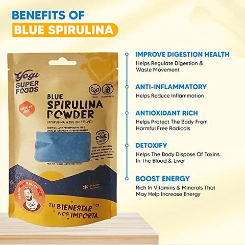Yogi Super Foods - Pó de Spirulina Azul Extraído de Algas Azul-Verdes – Superfood Vegetal, Rica Fonte de Proteína, para Suporte Imunológico, Energia, Coloração Natural para Assar – Embalagem de 5g