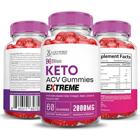 Justified Laboratories - (2 Pacotes) Bliss Keto ACV Gummies Extreme 2000MG – Gomas Bliss Keto de Vinagre de Maçã Formuladas com Suco de Romã em Pó e Vitamina B12 – Veganas, Não Transgênicas – 120 Gomas