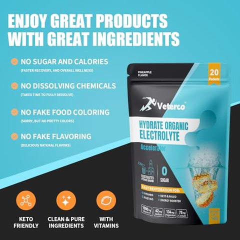 Veterco - Pó Hidratante com Eletrólitos, Bebida com Eletrólitos, Mistura para Bebida Hidratante com Suplemento, Sachês Hidratantes com Vitaminas | Marca do Produto