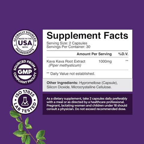 Natures Craft - Kava Kava Cápsulas – Suporte para o Humor com Raiz de Kava – 1000mg por Porção – Ação Rápida – Relaxante e Calmante – Extrato de Kava Adaptógeno para Estresse e Foco – 60 Cápsulas