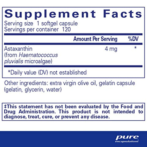 Astaxantina Pure Encapsulations | Suplemento Antioxidante para Articulações, Pele e Saúde Ocular | 120 Cápsulas Softgel