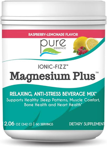 PURE ESSENCE LABS - Pure Essence Labs Ionic Fizz Magnesium Plus – Pó para Bebida Anti-Stress, Sabor Framboesa Limonada, 340g