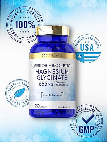 Magnesium Glycinate | 665 mg | 250 Cápsulas | Fórmula Livre de Transgênicos e Glúten | Suplemento Mineral Essencial Amortecido - Carlyle