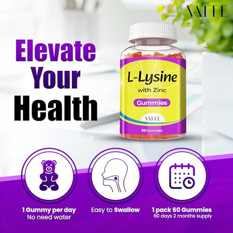 VAITE - L-Lisina 1000mg com Gomas de Zinco – Vitaminas para a Saúde dos Tecidos de Adultos