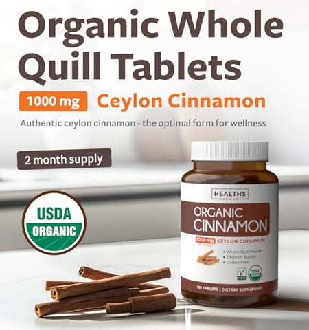 Healths Harmony - Canela Ceylon Orgânica USDA (120 comprimidos) 1000mg de Pó de Canela em Rama por Porção – Suplemento Natural para Metabolismo, Cognição, Articulações e Imunidade