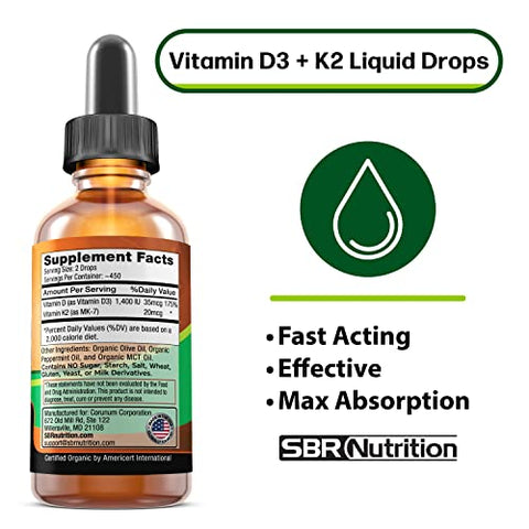 SBR Nutrition - MAX Absorption, Gotas Líquidas de Vitamina D3 K2 (MK-7) com Óleo de TCM, Sabor Menta, Fortalece os Ossos e Promove um Coração Saudável