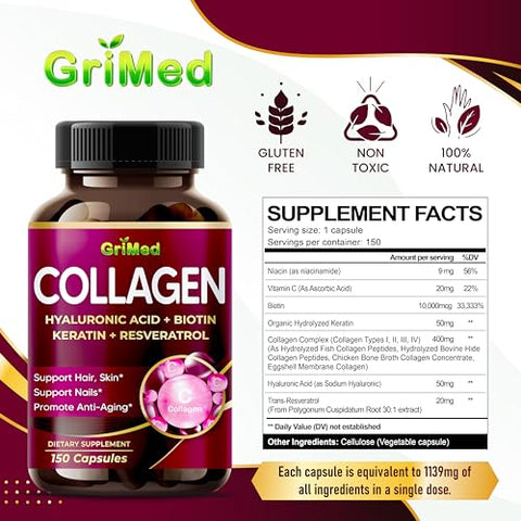 Colágeno Orgânico 6.419 mg com Ácido Hialurônico, Biotina, Queratina, Resveratrol – Vitaminas para Cabelo, Pele e Unhas – Fabricado nos EUA (90 Comprimidos) - GriMed