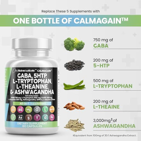 Suplemento para o Humor com GABA 750mg, 5 HTP 200mg, L Triptofano 500mg, L Teanina 200mg, Ashwagandha 3000mg, SAM-e, L-Glicina e L-Tirosina – Vitamina para Homens e Mulheres – Contagem - Clean Nutraceuticals