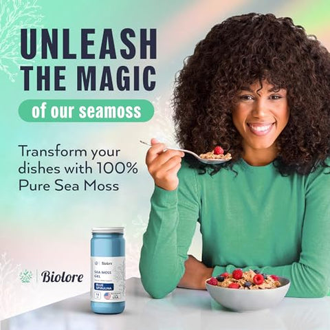 Biolore - Gel de Musgo do Mar 7700mg Blue Spirulina Feito nos EUA Raw Wildcrafted Irish Seamoss Vitaminas Essenciais Minerais Traços Vegan Superfood para Suporte Imunológico, Geleia