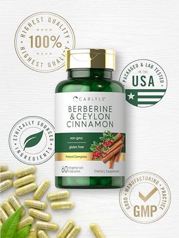 Berberine com Canela do Ceilão | Complexo de 2000mg | 60 Cápsulas | Vegetariano, Não-OGM, Sem Glúten - Carlyle