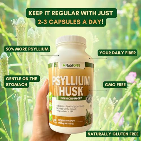 NutriONN - Cápsulas de Psyllium Husk – 1450mg Por Porção – 240 Cápsulas – Dupla Potência – Suplemento Premium de Fibra de Psyllium – Ótimo para Digestão e Regularidade – 100% Fibra Solúvel Natural