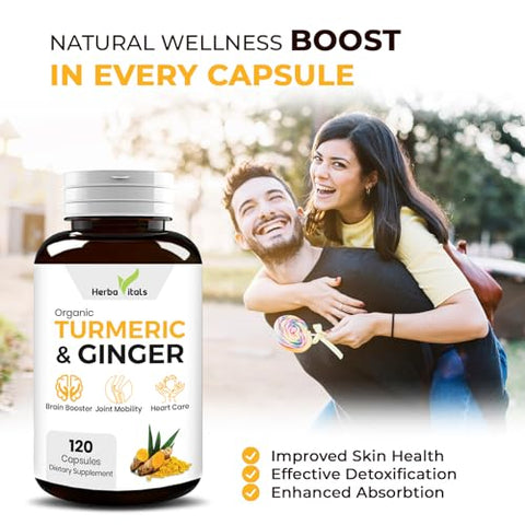 HerbaVitals - Cápsulas de Cúrcuma e Gengibre | Cúrcuma Curcumina com Gengibre (120 cápsulas) 500mg | Melhor Suplemento de Cúrcuma com Gengibre | Testado por Laboratório Independente