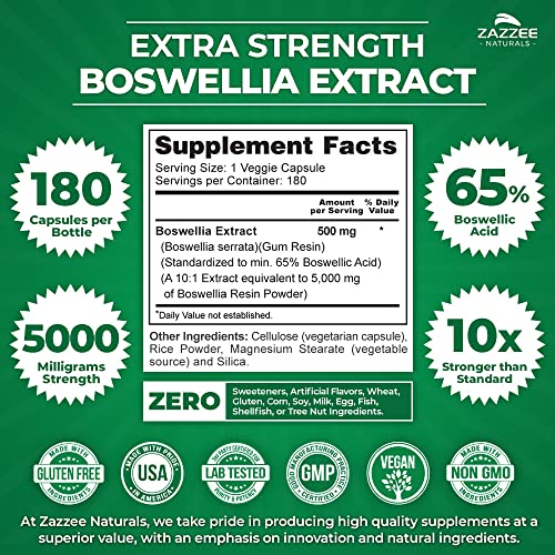 Boswellia Serrata Extra Forte 10:1 Extrato, 5000 mg Potência, 65%% Ácido Boswélico, 180 Cápsulas Veganas, 6 Meses de Suprimento, Padronizado 10X Alta Potência, 100%% Vegetariano - Zazzee