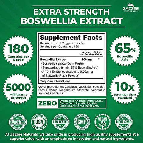 Boswellia Serrata Extra Forte 10:1 Extrato, 5000 mg Potência, 65%% Ácido Boswélico, 180 Cápsulas Veganas, 6 Meses de Suprimento, Padronizado 10X Alta Potência, 100%% Vegetariano - Zazzee