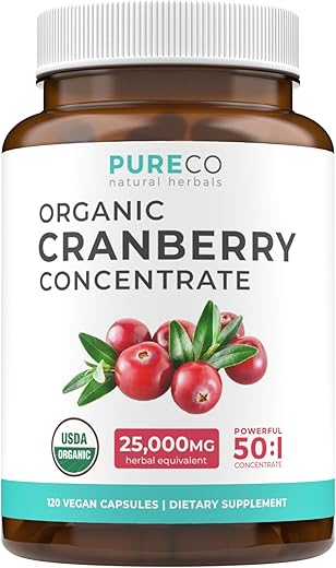 PURE CO - Pílulas de Cranberry Orgânico USDA – Concentrado 50:1 Equivale a 25.000mg de Cranberries Frescos (Vegano) para Saúde do Trato Urinário