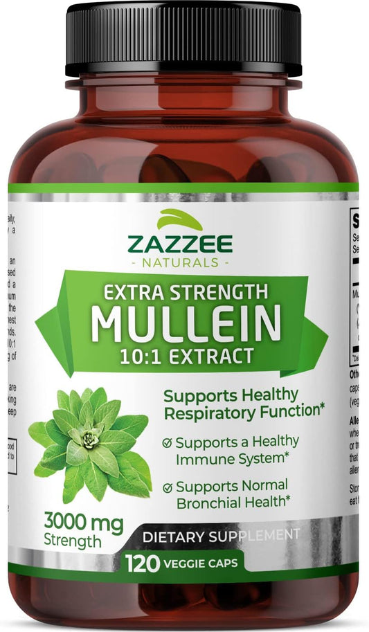 Extrato de Mullein 10:1 Extra Forte, 3000 mg, 120 Cápsulas Veganas, 4 Meses de Suprimento, Extrato Concentrado e Padronizado 10X, Pó de Folha Pura 100% Natural - Zazzee