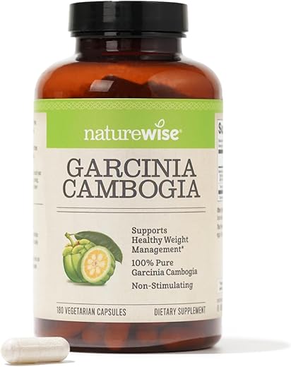 NatureWise - Naturewise Garcinia Cambogia: Extrato Natural de Garcinia Cambogia, Concentração de 60% HCA, Suporte Natural para Metas de Peso e Energia – Vegano, Não-OGM, Livre de Glúten – 180 cápsulas