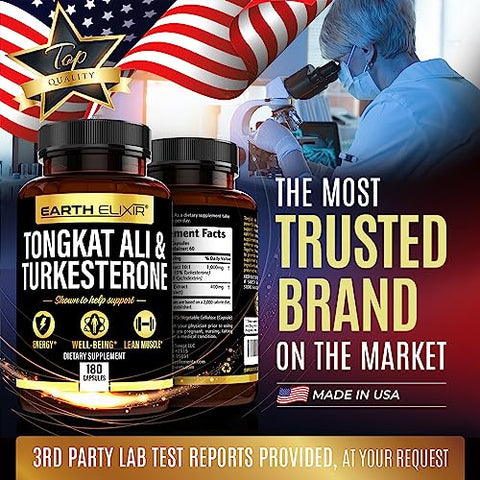Earth Elixir - Turkesterone 1000mg e Tongkat Ali 400mg – 180 Cápsulas – Fabricado nos EUA – Máxima Pureza – Extrato de Tongkat Ali e Turkesterone para Homens – Sem Preenchedores – Não-OGM