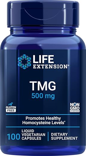 TMG 500mg – Cápsulas Vegetais Líquidas 100 Unidades – Trimetilglicina (Betaína de Glicina) – Sem Glúten, Não-OGM, Vegetariano - Life Extension