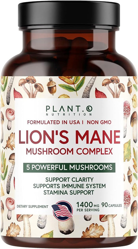PLANT.O NUTRITION - Plant.O Premium Lion’s Mane – Suplemento Natural para o Cérebro com 5 Cogumelos – Lion’s Mane, Reishi, Chaga, Maitake, Shiitake – Imunidade, Foco, Humor – 60 cápsulas
